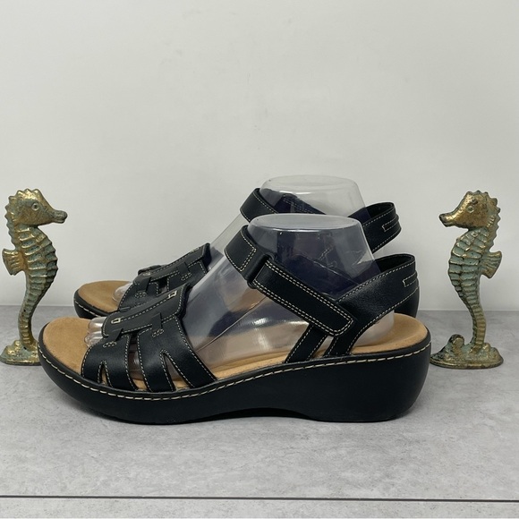 Clarks Shoes - Clarks Delana Nila 10M Shoes Black Leather Slingback Comfort Sandal Hook & Loop